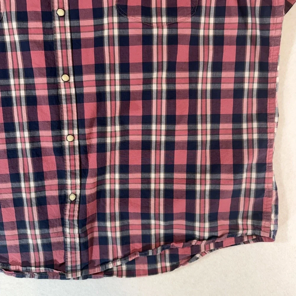 Lucky Brand Mens XXL Pink Navy Plaid Short Sleeve Pearl Snap‎ Western Shirt Y2K